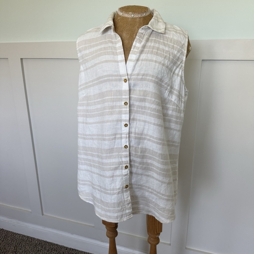 Ellen‎ Tracy Linen Sleeveless Top Large Striped Lagenlook Gold Button Coastal